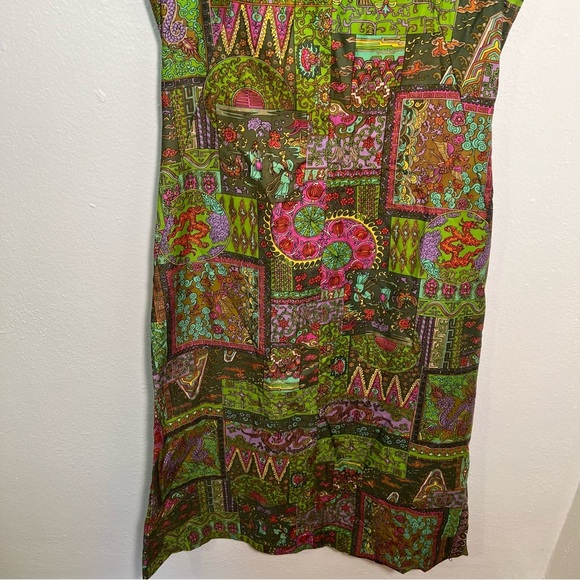 Handmade Midi Dress Green Geometric Dragon - Picture 3 of 9